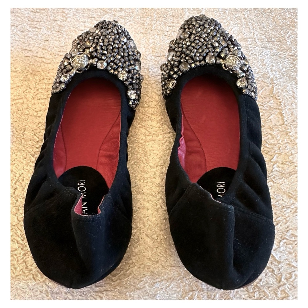 RARE! Gothic Skull Black Suede Leather Studded Ballet Flats Cristian Mori 4.5 - Picture 8 of 11